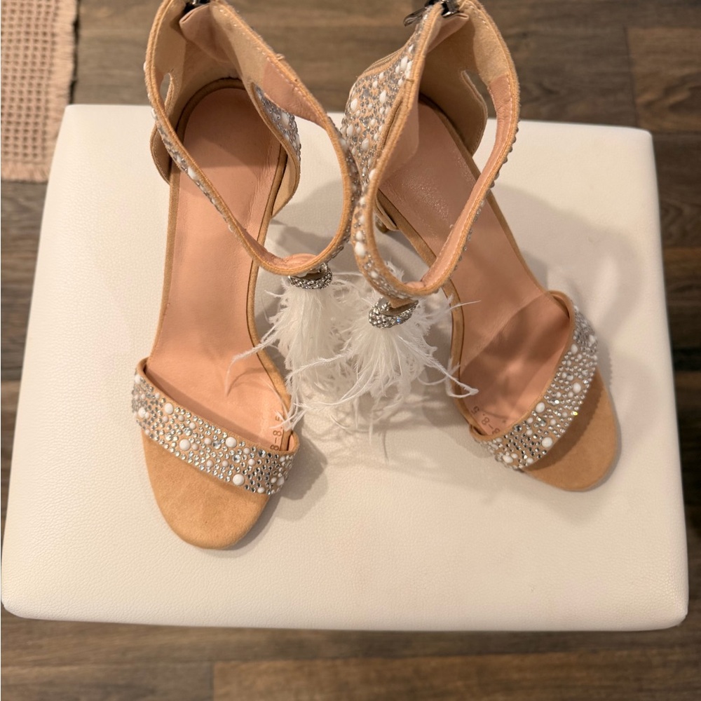 Elegant Feather & Crystal Sandals in Tan for Women